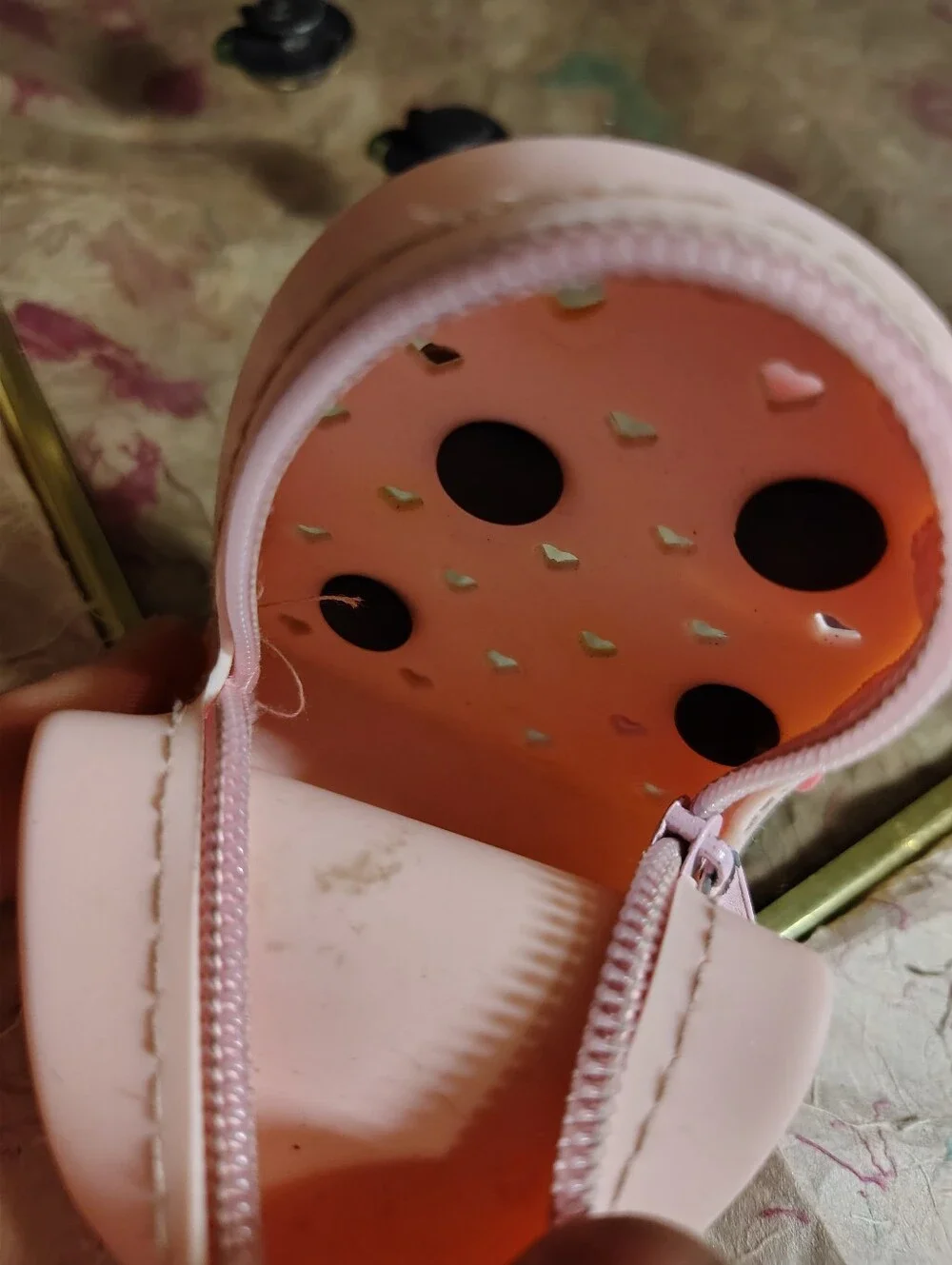 Mini Pink Silicone Backpack w/ Cutout Hearts For Storing Shoe Charms + 6 Charms